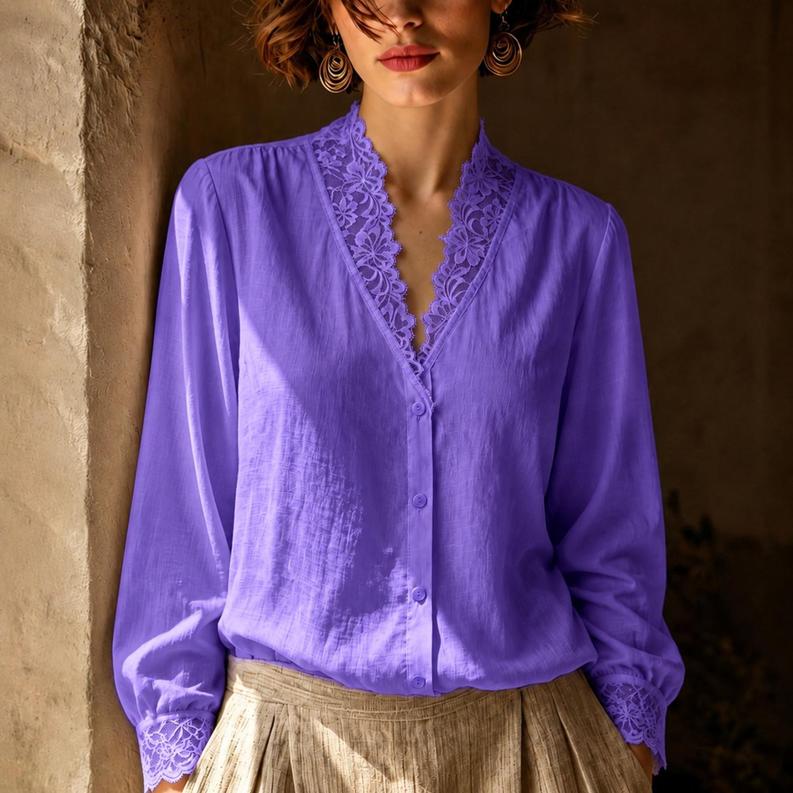Women s V-Neck Long Sleeve Lace Trim Blouse for Work L