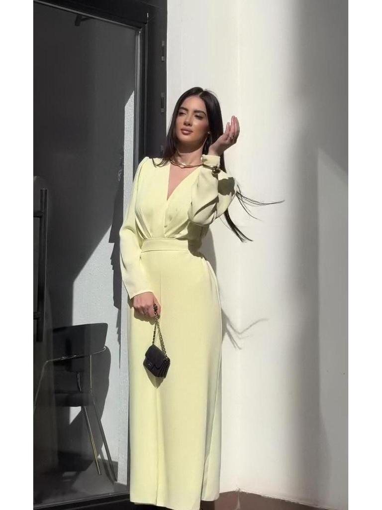 V-Neck Long-Sleeve Waist-Slimming Irregular Dress