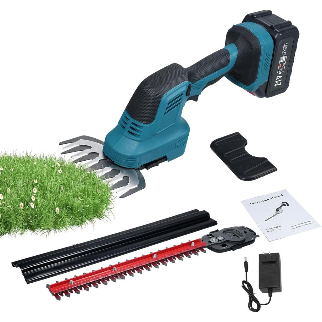 2-in-1 Hedge Trimmer & Grass Shears 21V Electric Shrub Trimmer Handheld Grass Cutter Lightweight Hedge Clippers with 4.0Ah Battery and Charger