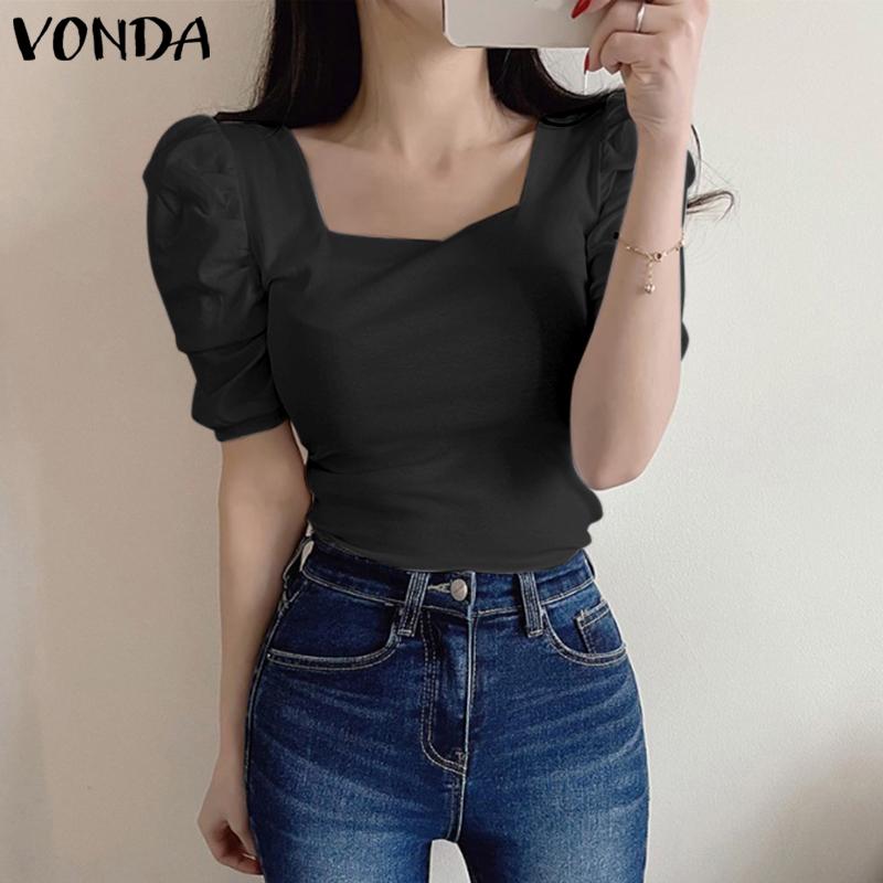 

VONDA Женщины Лето Короткий Пухлый Рукав Квадратный Воротник Топы Сплошной Цвет Slim