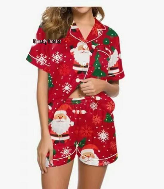 2025 Grenzüberschreitender Weihnachts-Pyjama: Druck Umlegekragen Kurzarm Shorts Hausanzug Set.