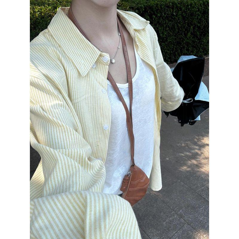 

Американский винтаж Рубашки поло с желтой полоской Верхняя одежда Женская Весна и Осень Свободный повседневный кардиган Ленивый шик Топ Yellow S