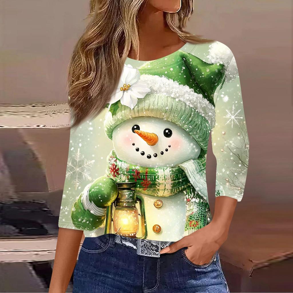 Dámská vánoční košile s kulatým výstřihem a potištěným sedmičtvrtečním rukávem.