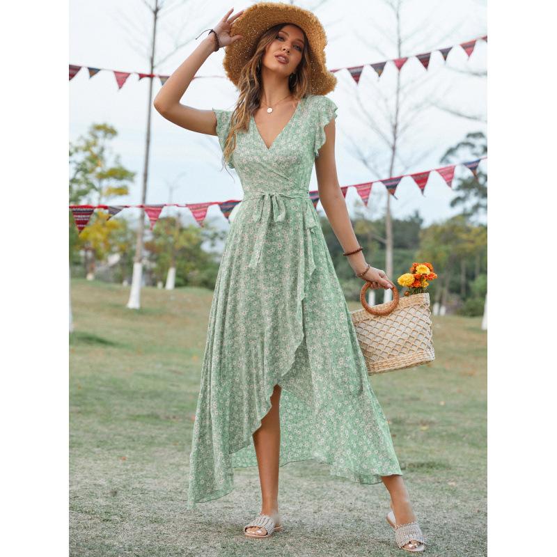 Women's Ditsy Floral Ruffle Short Sleeve Tie Waist Irregular Wrap Maxi Dress Boho Vacation Sundress
