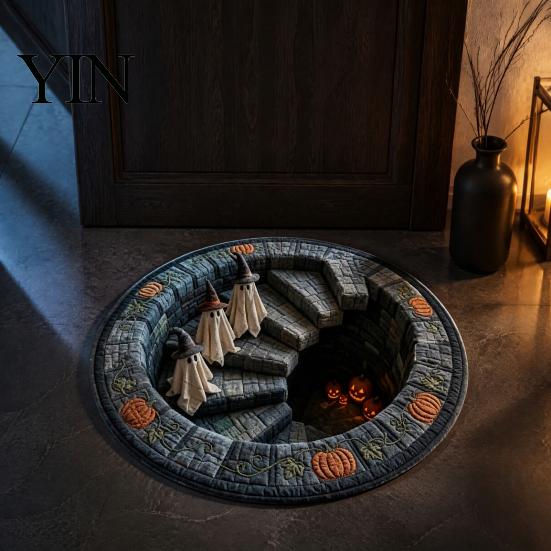 Soft Crystal Velvet Rug 3D Illusion Halloween Rug, Quilted Look Round Area Creepy Deep Pit Holiday Gift for Friends Design, Non-Slip Floor Mat Living