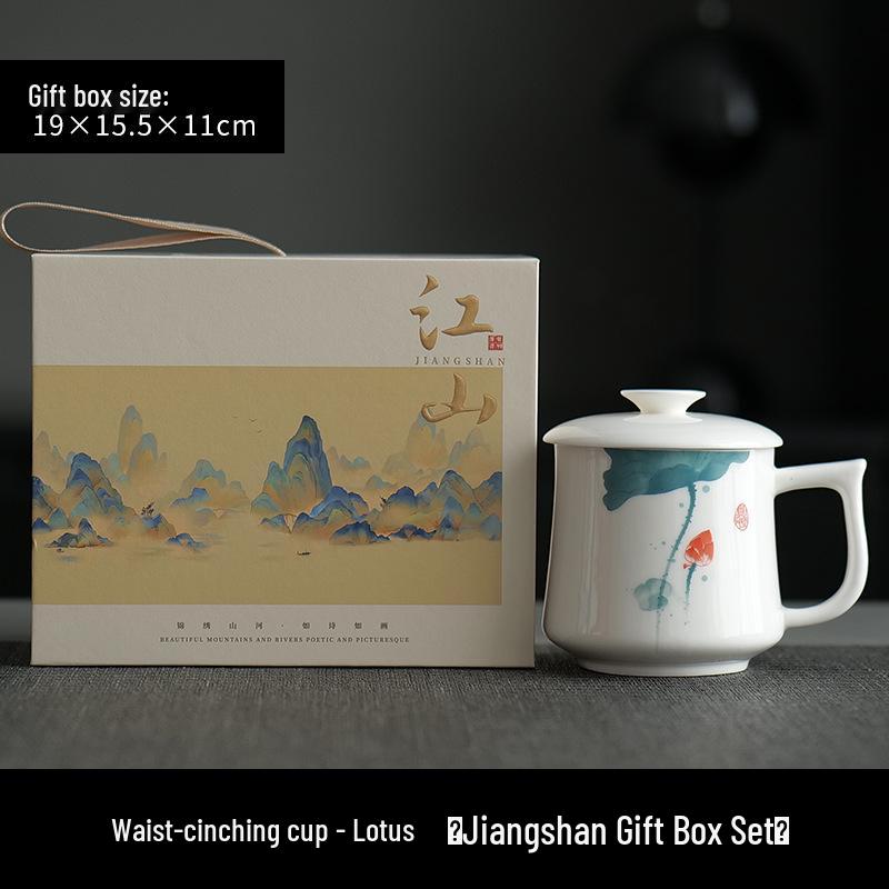 Jade Conference Sheep Fat Porcelain Tea Cup with Lid – White Ceramic Mug for Home and Office, Ideal Gift