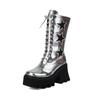 Winter Paltform Boots Women's Punk Silver Black Mid Calf Boots Starts Decor Wedges Shoes
