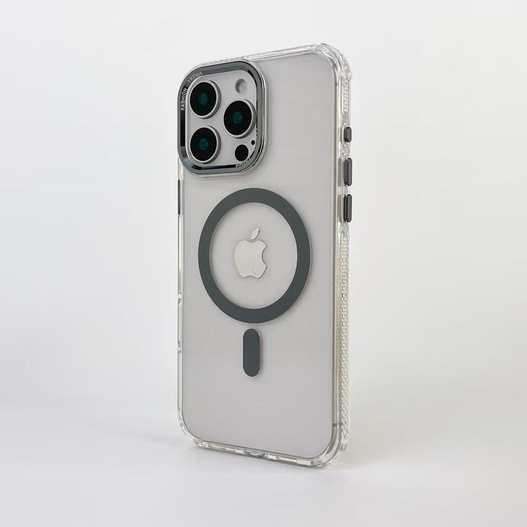 Electroplating Transparent Magnetic Metal Lens Mobile Phone Case Is Suitable for IPhone16promax Airbag Anti-fall 15 Full Package