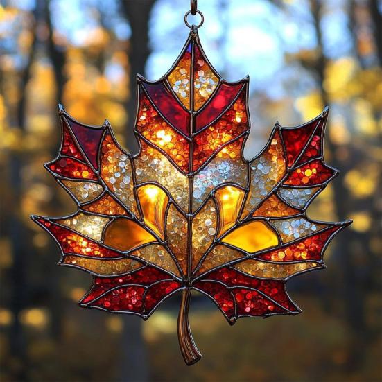 Maple Leaf Fall Ornament Window Hanging Autumn Leaf Suncatcher Stained Glass Wall Art for Thanksgiving Autumn Indoor Outdoor Home Decor