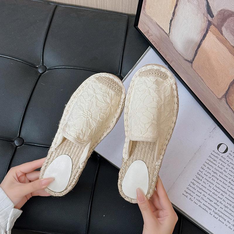 Atemberaubende Farbe~ Stroh Fischer Schuhe Tasche Kopf Halbschlepp 2024 Sommerkleidung bestickte Slipper flache Hausschuhe kleiner duftender Wind