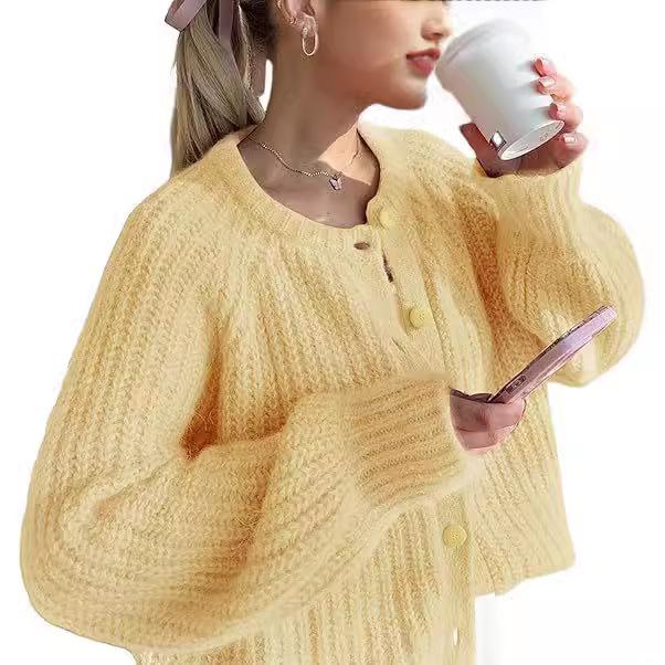 Women's Solid Color Round Neck Loose Simple Knitted Cardigan Top Long-Sleeved Sweater
