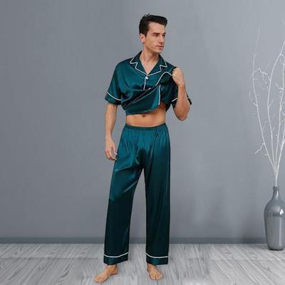 2Pcs/Set Silk Satin Men Pajama Set Notch Collar Button Down Pajama Top with Chest Pocket Elastic Waist Bottoms Set Sleepwear