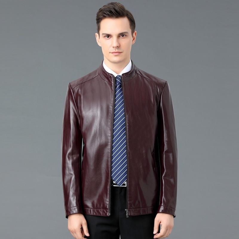 New Style Leather Jacket for Young and Middle-aged Men, Autumn Thin Sheepskin Plus Velvet Stand Collar Leather Jacket, Men's Dad Wear
