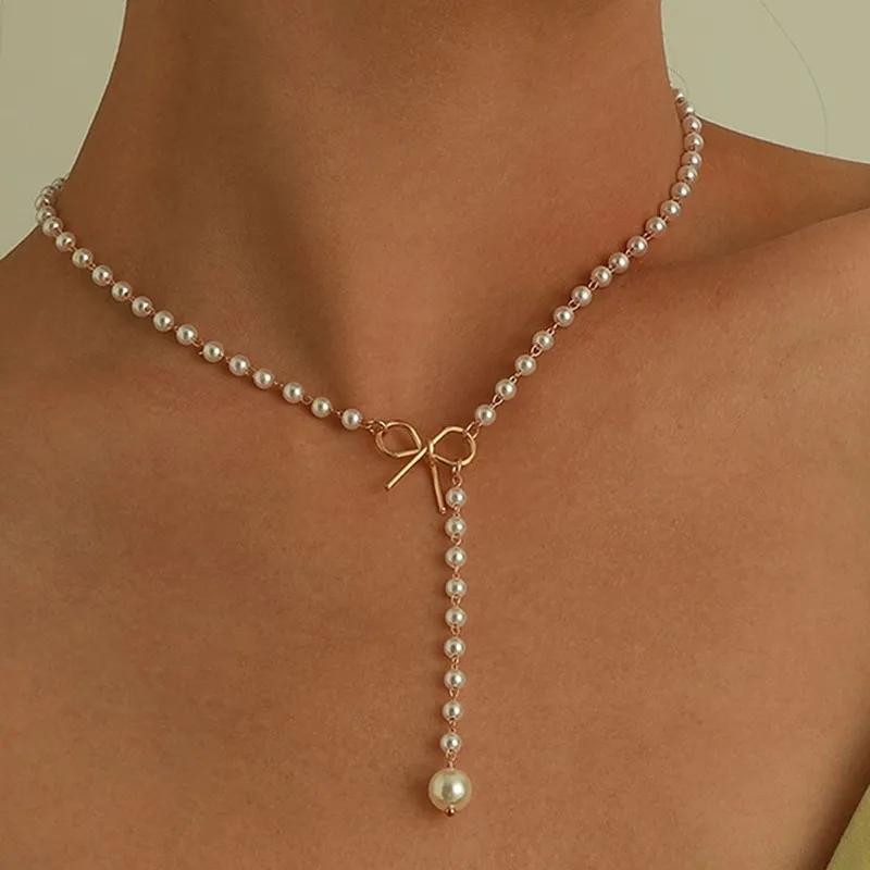 

New Imitation Pearl Tassel Necklace for Women Black White Color Beads Choker Necklace Gift for Friend Wholesale Dropshipping білий