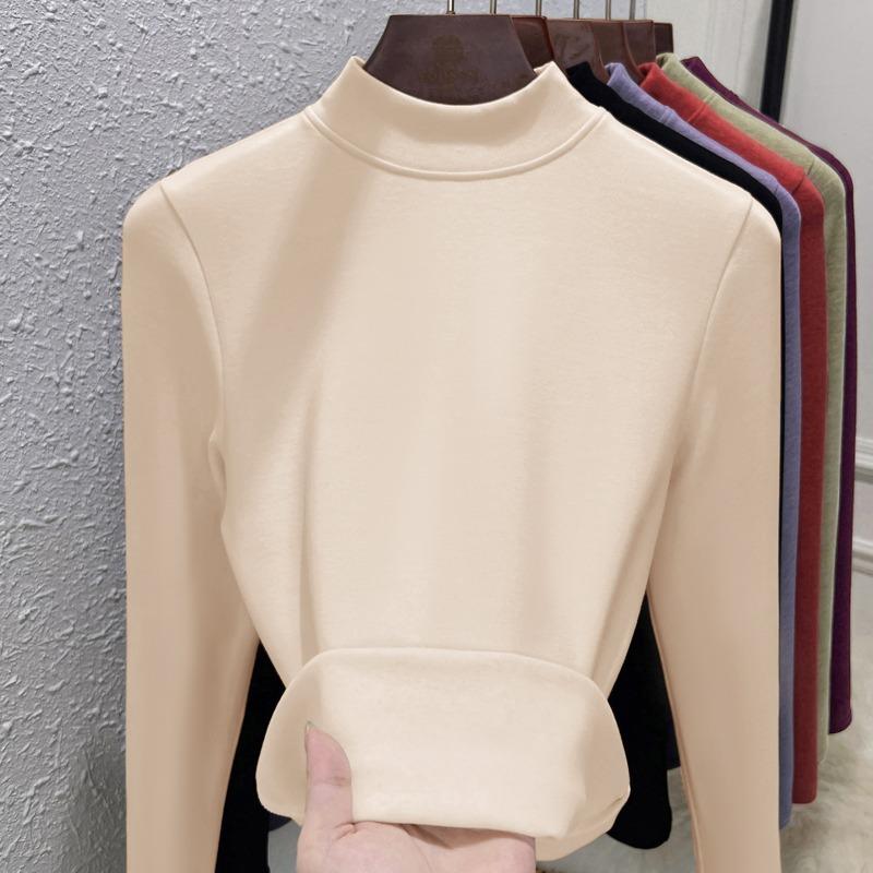 

German velvet cashmere semi-turtleneck bottoming shirt women s black technology thermal clothing autumn and winter thick with velvet black top M