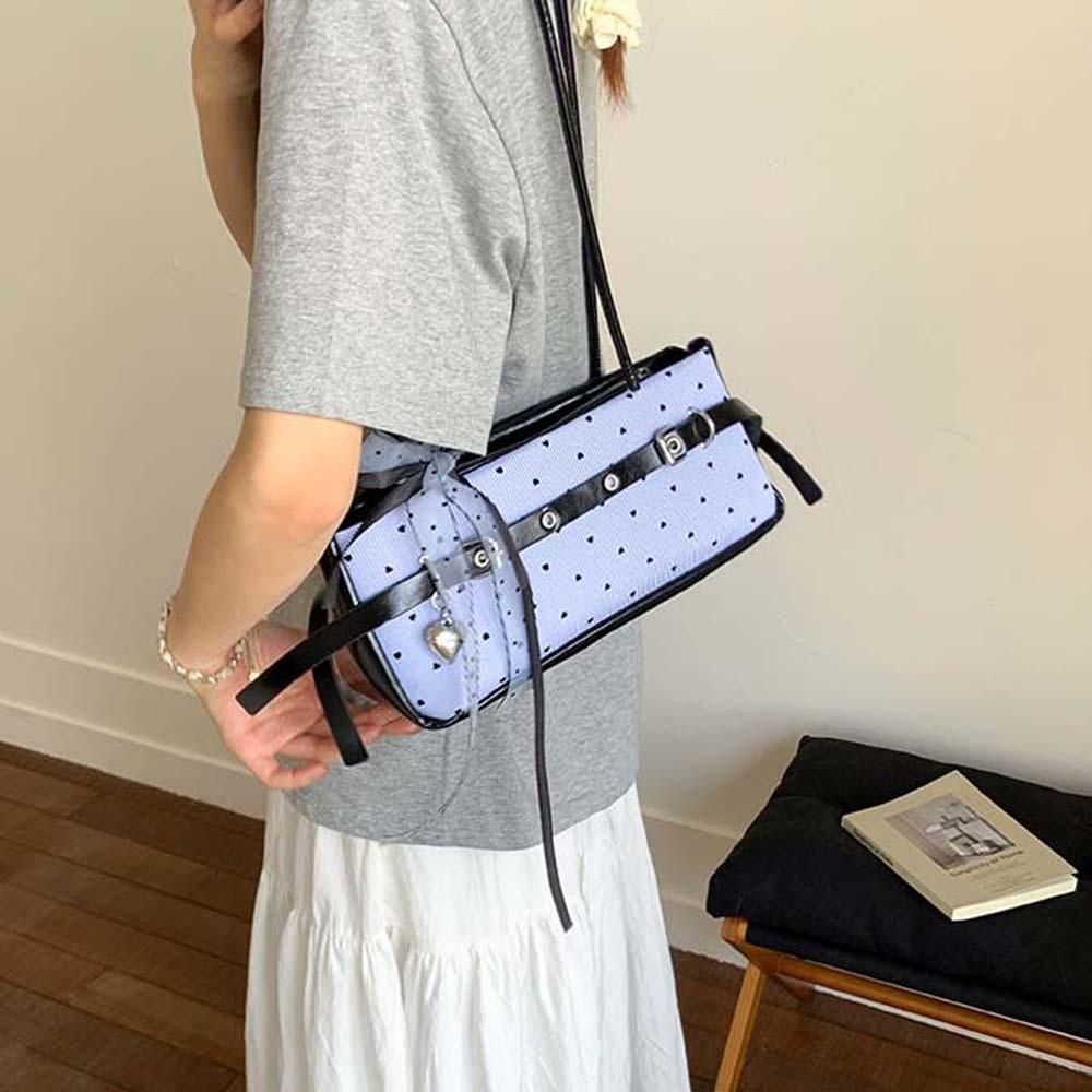 Sweet Blue Shoulder Bag Canvas Stripe Heart Underarm Bags All-match French Stick Handbag  School