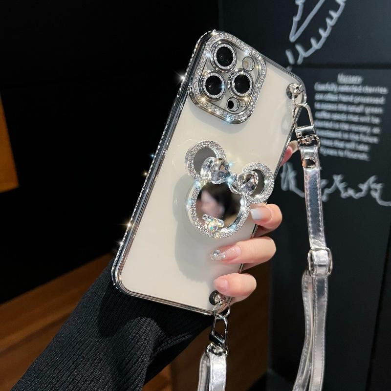 Applicable To Apple 16 Promax Mobile Phone Case IPhone 14 Cartoon Mirror Bracket 13 New Women 12 Crossbody Rope 15