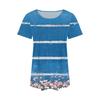 Women's Fashionable Casual Pleated Round Neck Striped Flower Printed Short Sleeved T Shirt Top