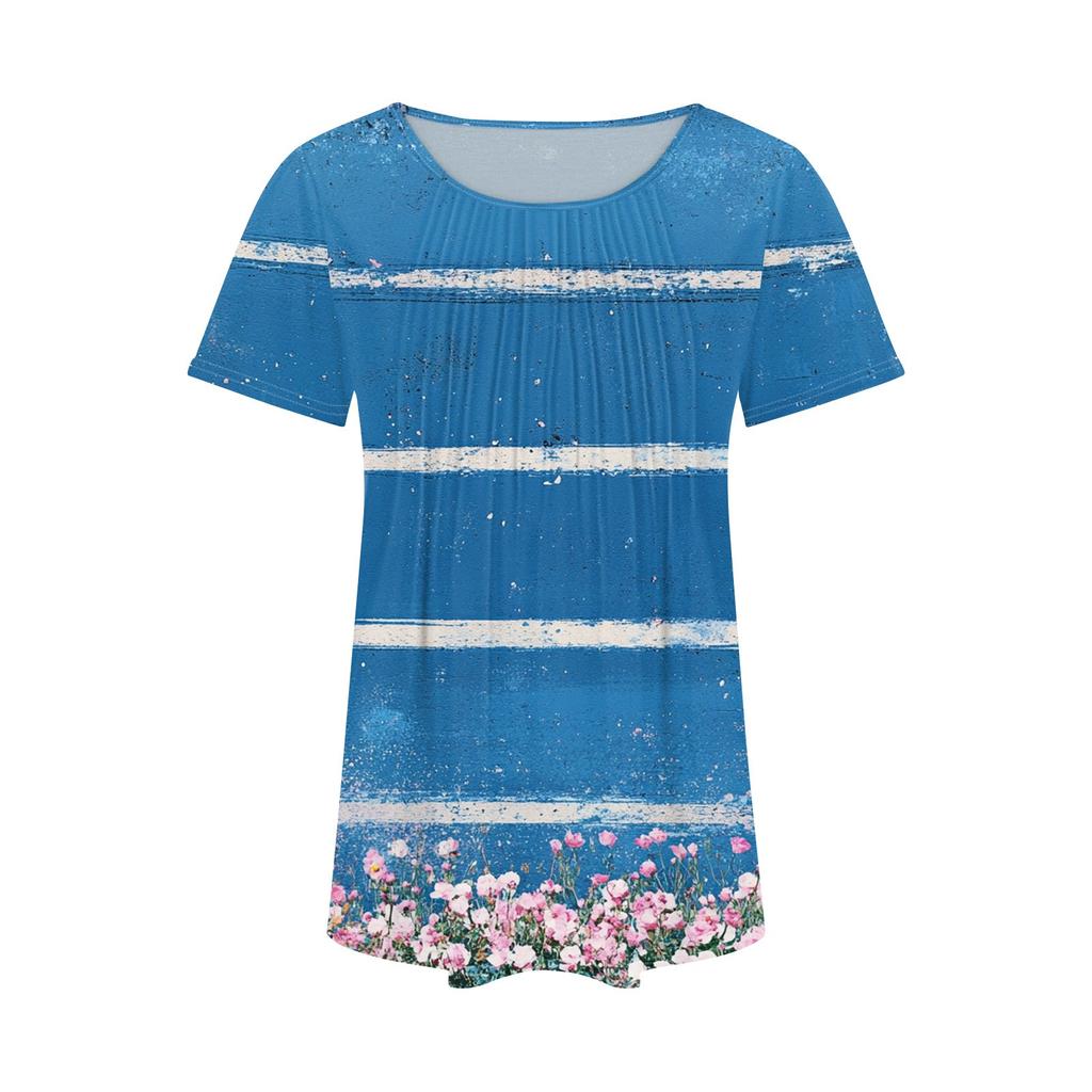 Women's Fashionable Casual Pleated Round Neck Striped Flower Printed Short Sleeved T Shirt Top