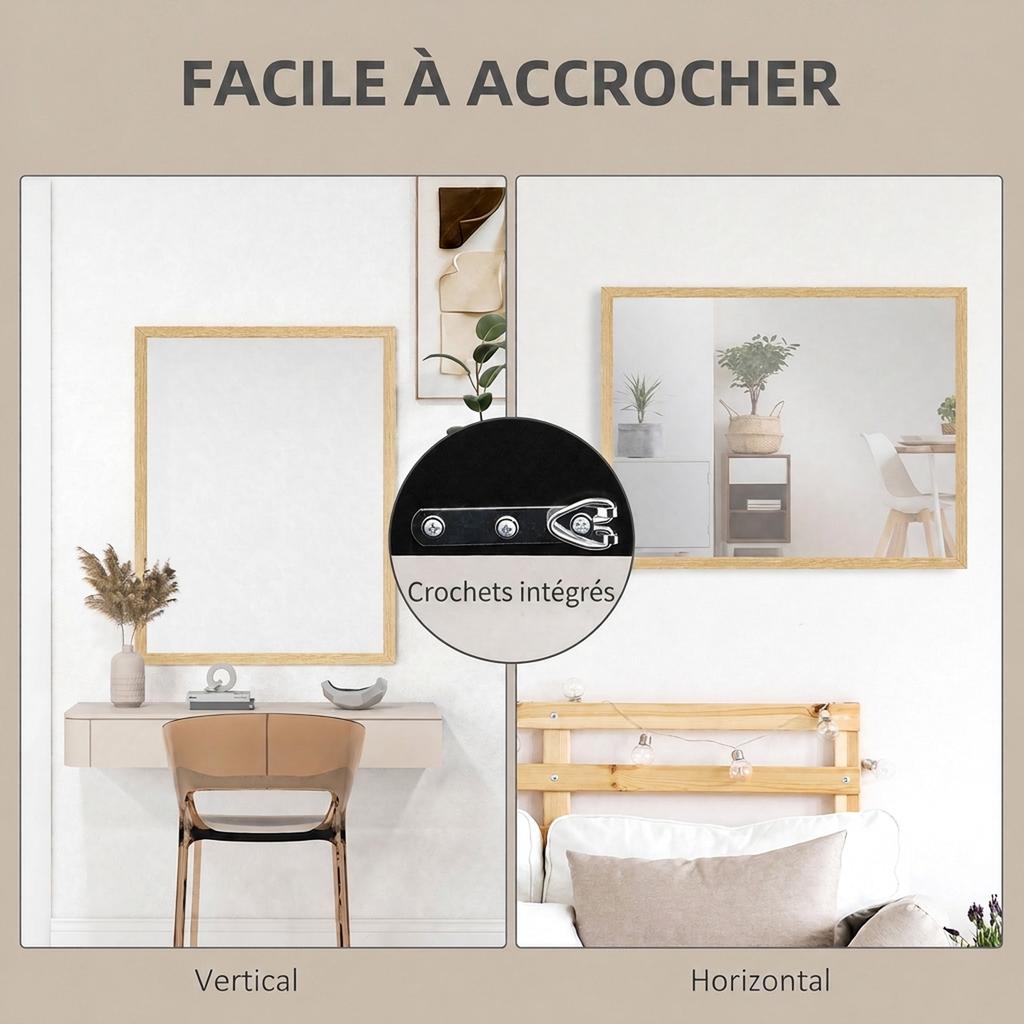Rectangular Wall Mirror 90 X 70 Cm Wooden Frame Ideal For Bathroom Living Room Or Bedroom Natural