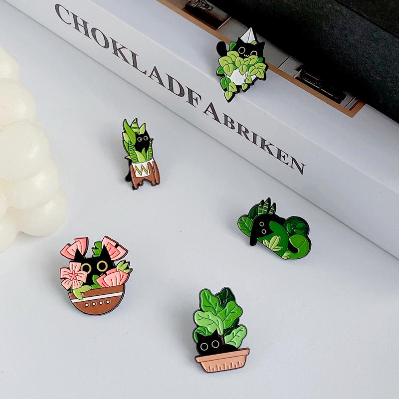 5pcs Cartoon Creative Cute Black Cat Green Plants Flowerpot Series Brooches Backpack Clothing Accessories Sturdy Alloy Badge