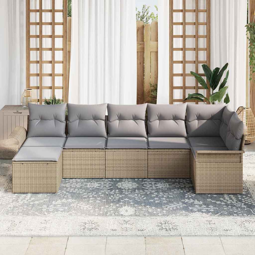 7 Piece Beige Garden Sofa Set with Cushions
