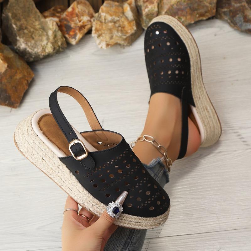 Baotou Sandals Women's Thick-soled Wedge Heel Large Size Summer New Retro Hemp Rope Hollow Women's Sandals