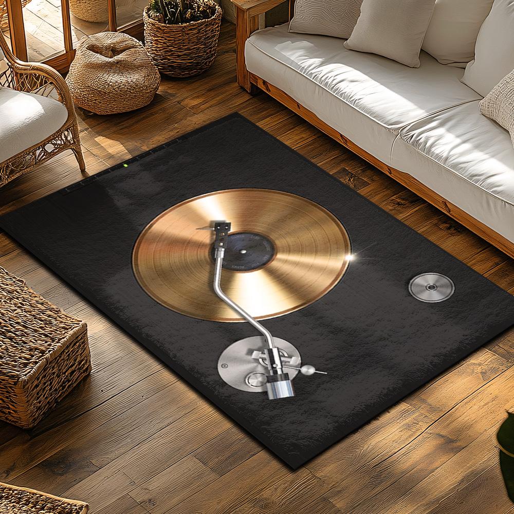 Golden Vinyl Record Rug, Black Music Note Carpet for Living Room, Soft Non-Slip Sofa Mat with Bohemian Decor