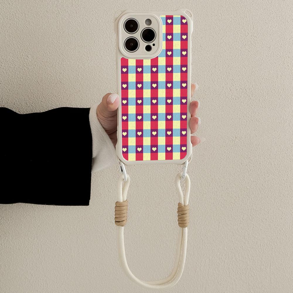 Cute Heart Colorful Grid Pattern TPU For Iphone 17 16 15 14 12 Phone Case Four Corner Anti Fall Protection Portable Hanging Rope
