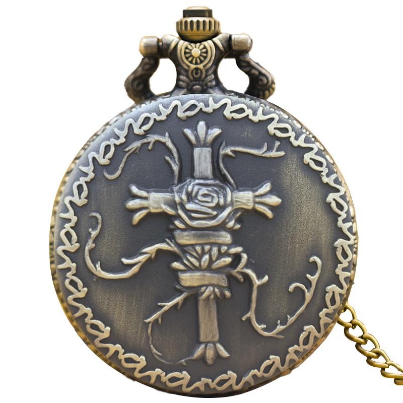 

Vintage Bronze Clamshell Relief Lace Frosted Rose Vine Wrapped Large Cross Quartz Pocket Watch For Male And Female Students бронзовый
