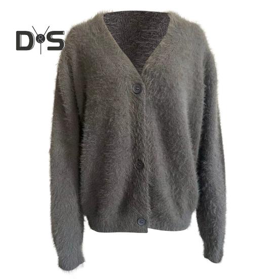 Women Knitting Coat V-Neck Long Sleeve Solid Color Single Breasted Sweater Coat Loose Fit Stretchy Outwear