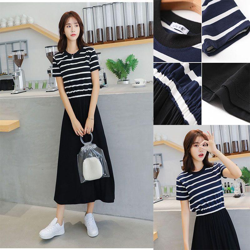 Premium Quality Women Summer Dress Casual Stripe Tank Short Sleeve Long Dress For Versatile Summer Style