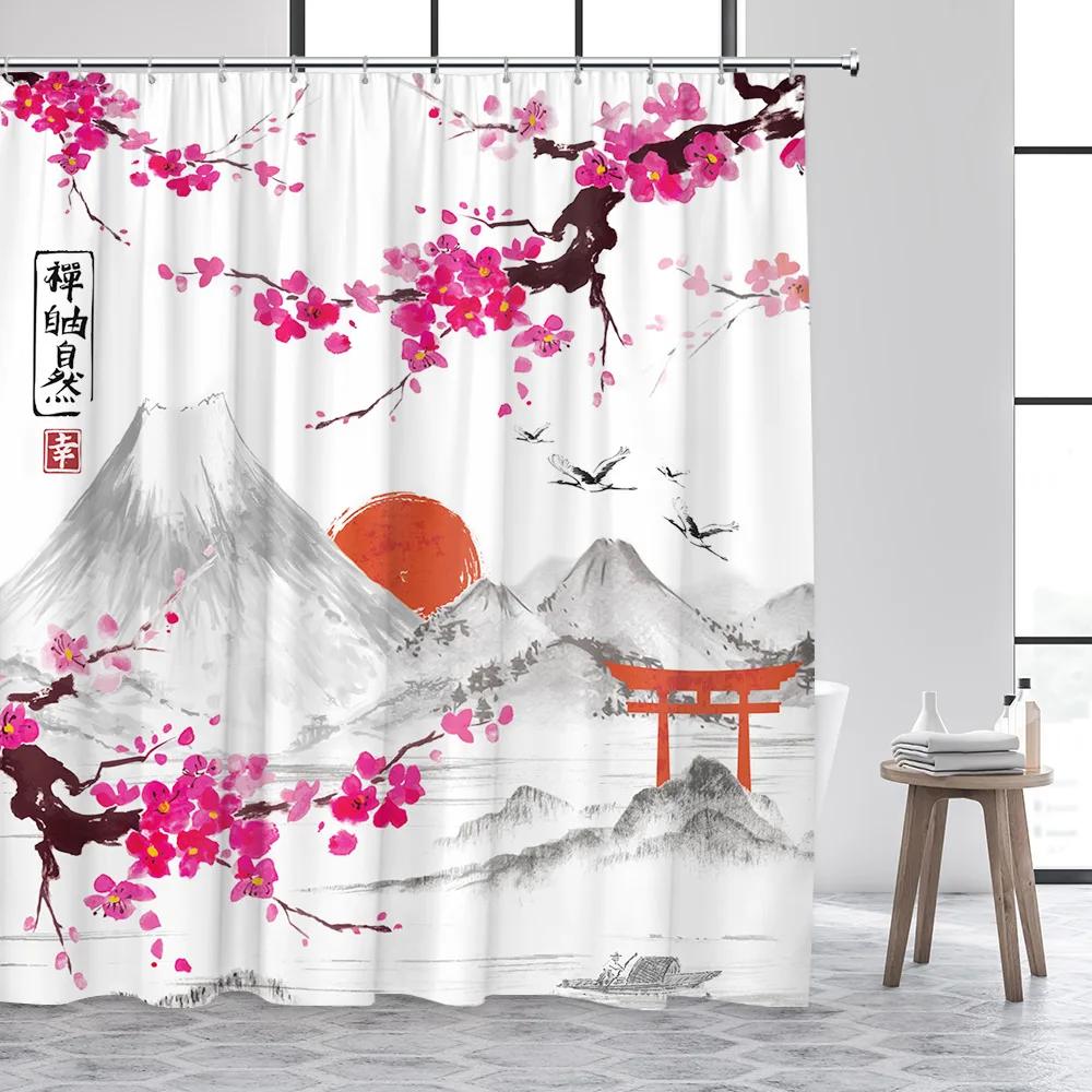Japanese Style Shower Curtain Octopus Koi Fish Sea Waves Cherry Blossom Abstract Mountain Ink Art Curtains Fabric Bathroom Decor