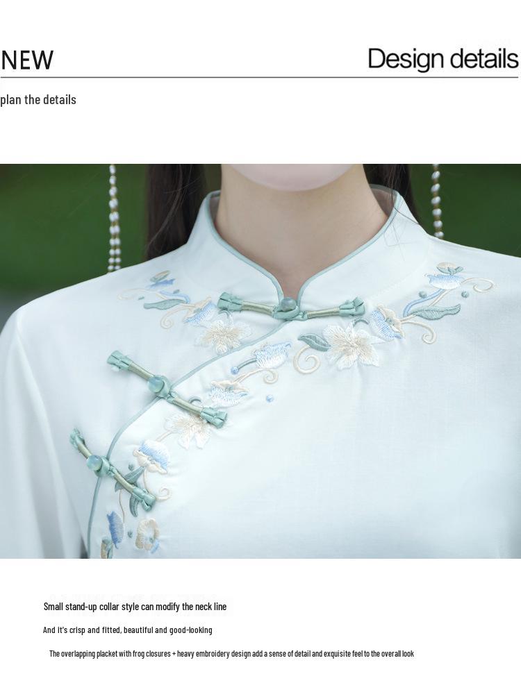 Damen Frühling/Sommer Chinesischer Retro Bestickter Tang-Anzug mit Stehkragen & Froschknöpfen, Weitbeinige Hose, Zen Tee-Set Stil.