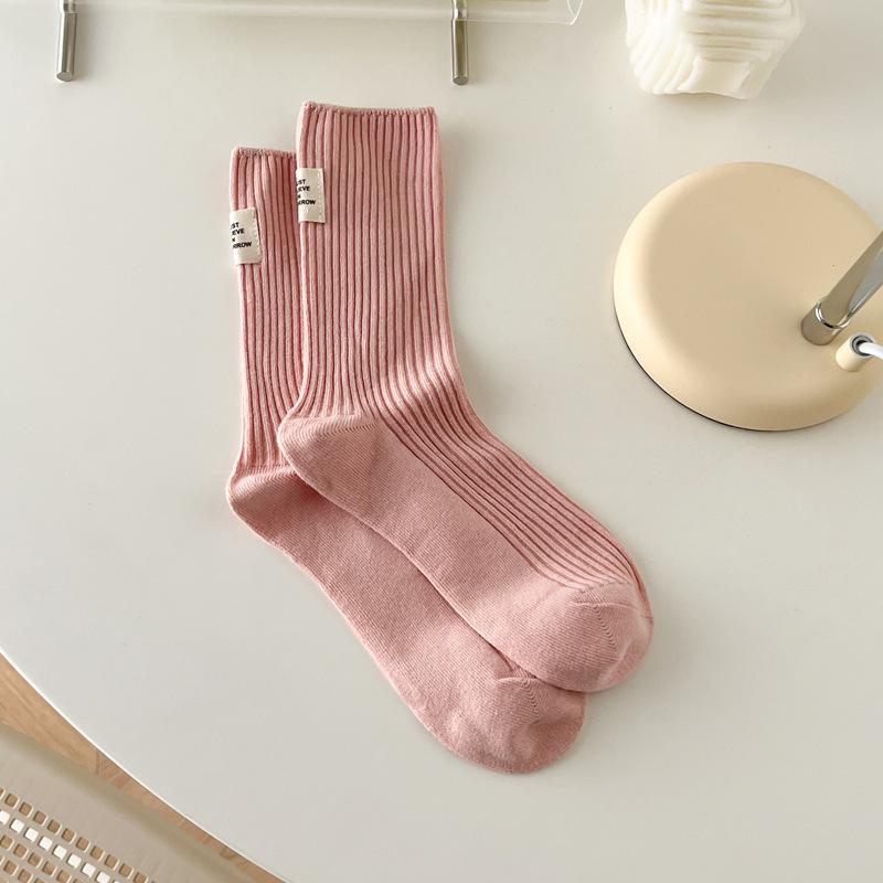 CHAOZHU Korea Japanese Double Knitted Rib Cotton Labeling Fashion Casual Basic Daily Women Girls Socks 1 Pairs