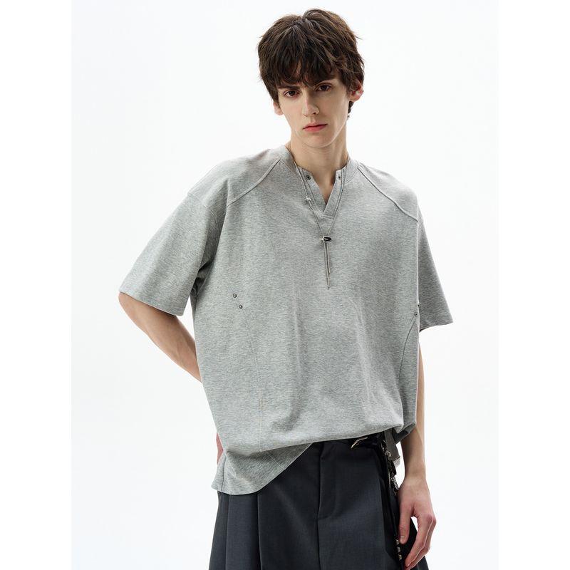 Madwitch American Retro Deconstructed V-Neck Short-Sleeve T-Shirt for Men and Women, Loose and Versatile Cleanfit Half-Sleeve Top Trendy