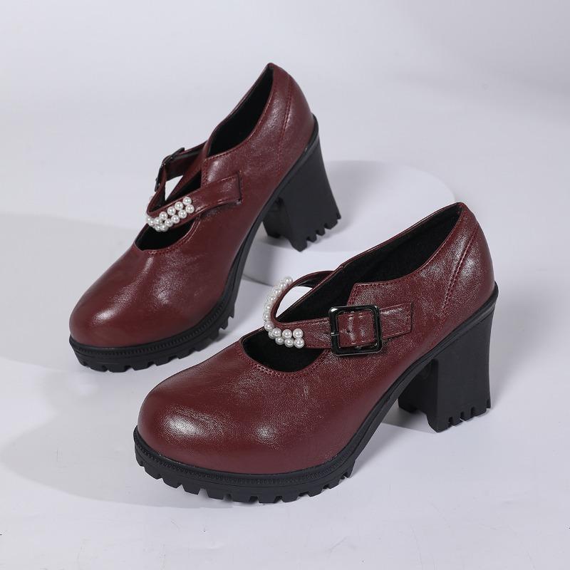 

Loafer Autumn New Round Toe Shallow Mouth Metal One Strap Platform Non-Slip Wear-Resistant Block Heel High Heels 42