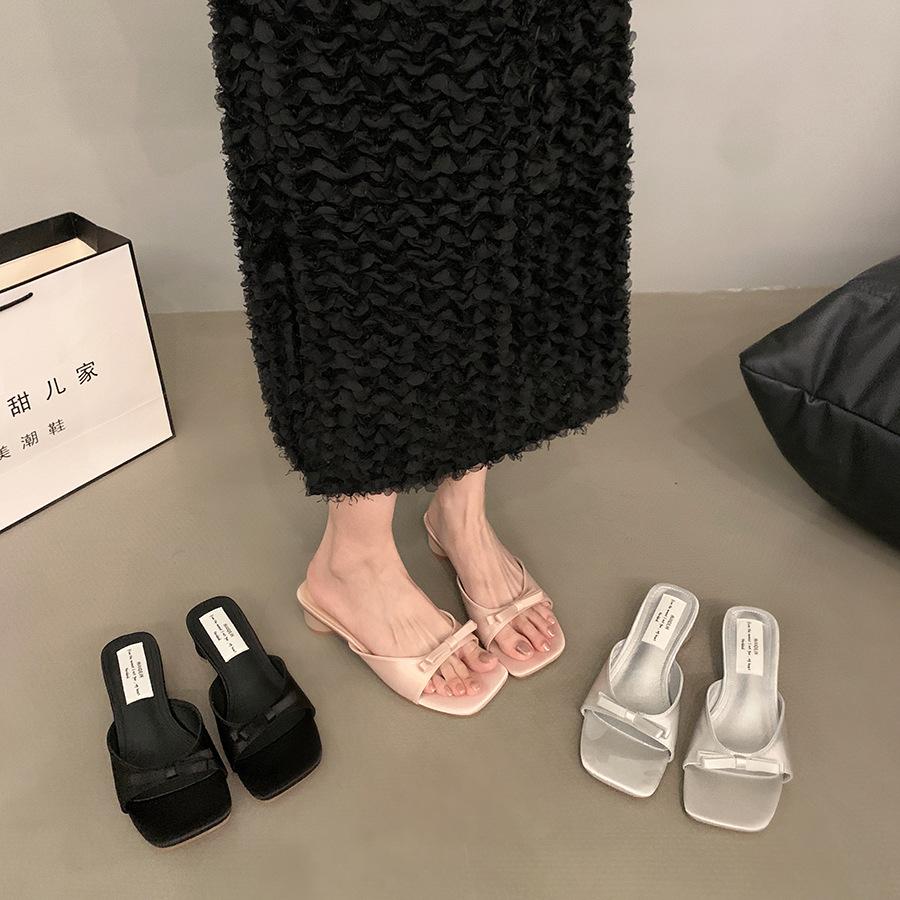 French Sandals Bow Slippers 2025 Summer New Fairy Shoes Outer Wear Temperament Thick Heel Sandals Women