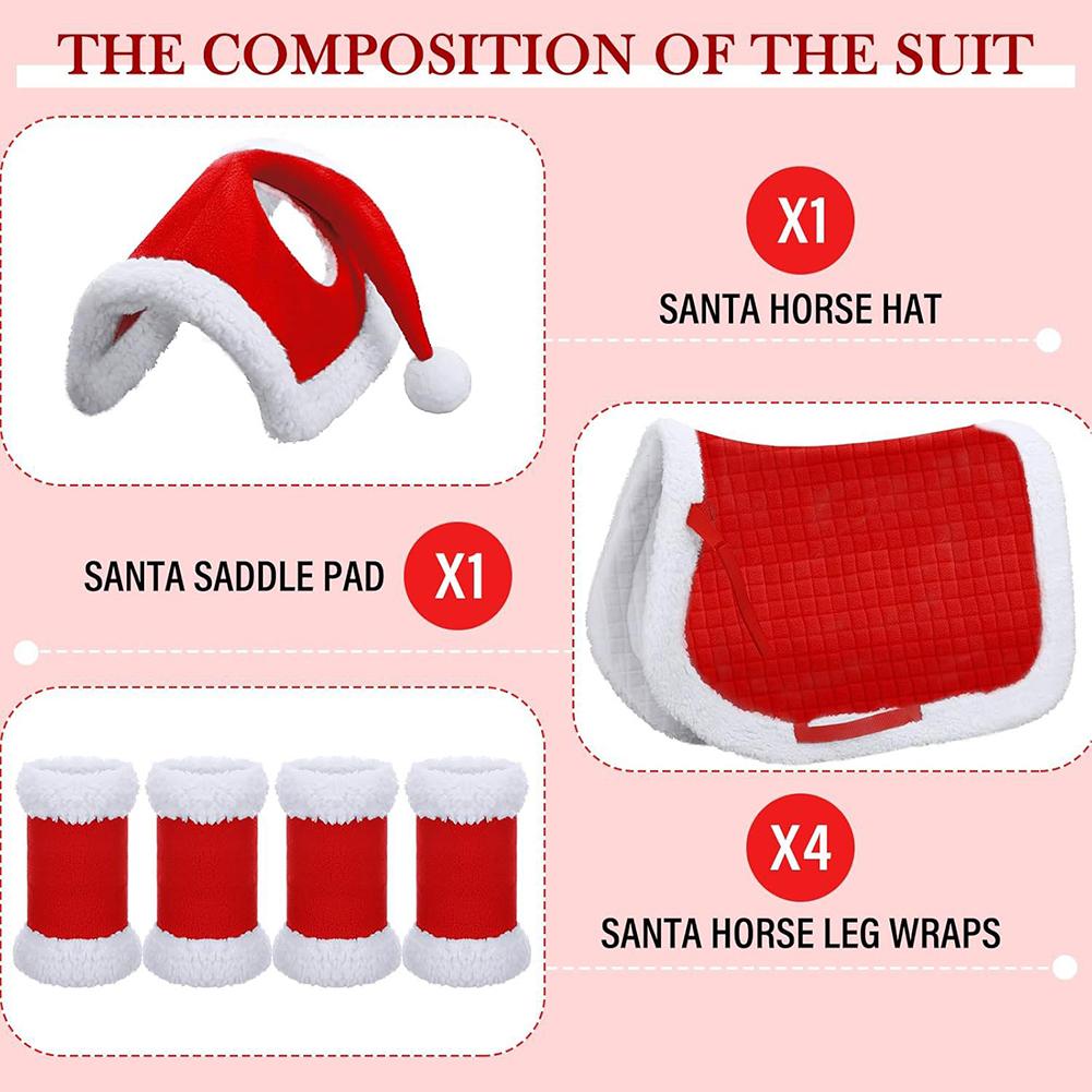 6Pcs Christmas Santa Leg Wraps Horse Hat Saddle Pad Santa Hat Saddle Pads Leg Wraps for Christmas Horse Costume Accessories