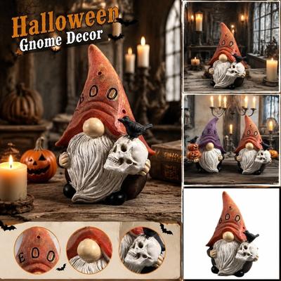 Halloween Gnome Figurine Resin Sculpture with Skull and Crow Micro Landscape Decoration for Indoor Outdoor Display