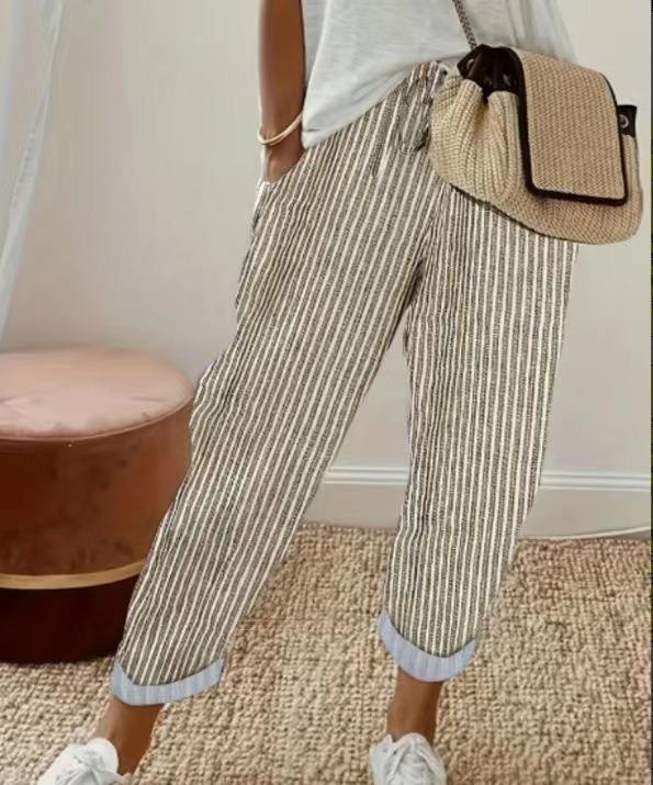 Women's Summer Fashionable Loose Stripe Printed Elastic Waist Drawstring Casual Pants