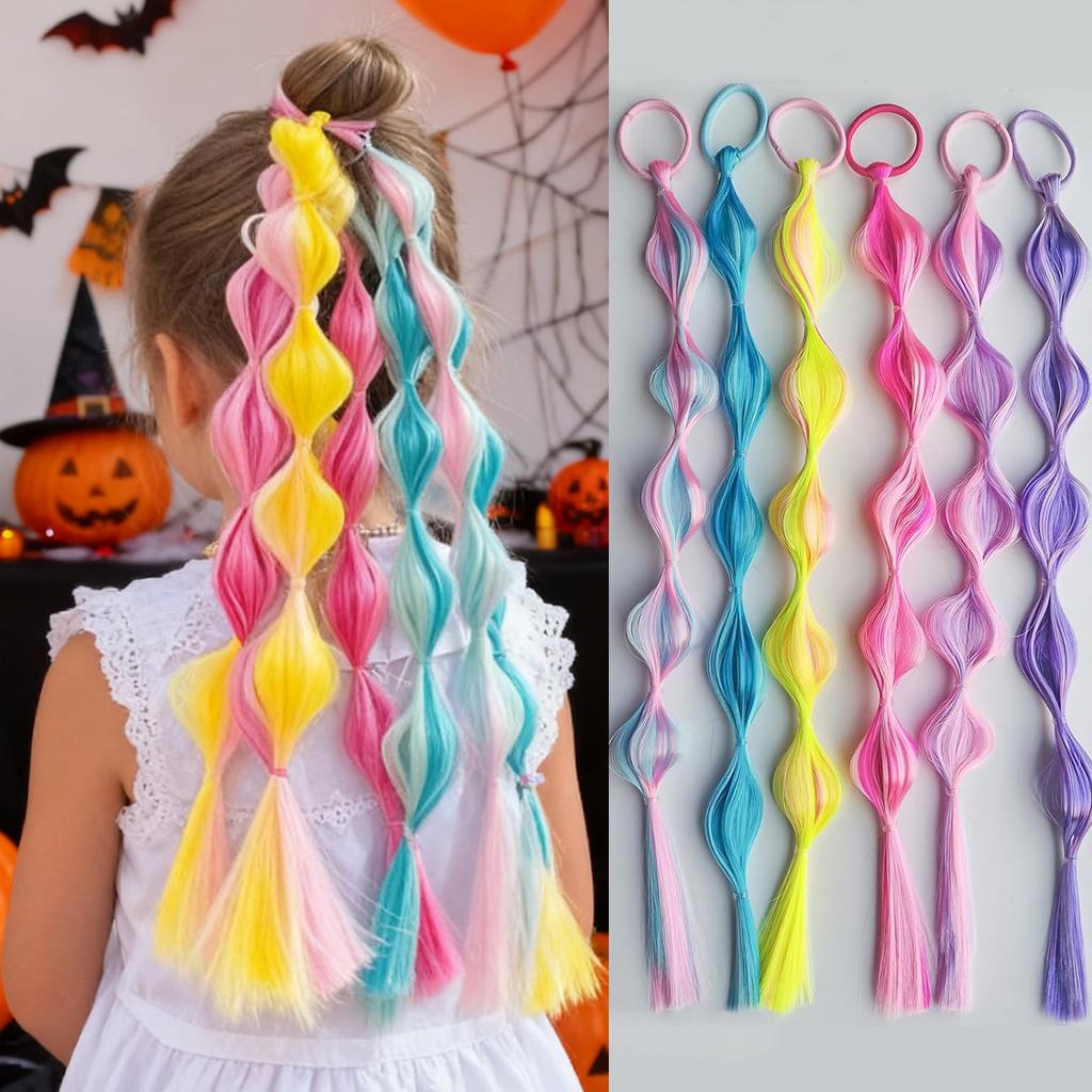 6pcs kids ponytail Hair Extensions Rainbow Color Hairpieces with  for KIds Girls-Great for Gifts, Holidays