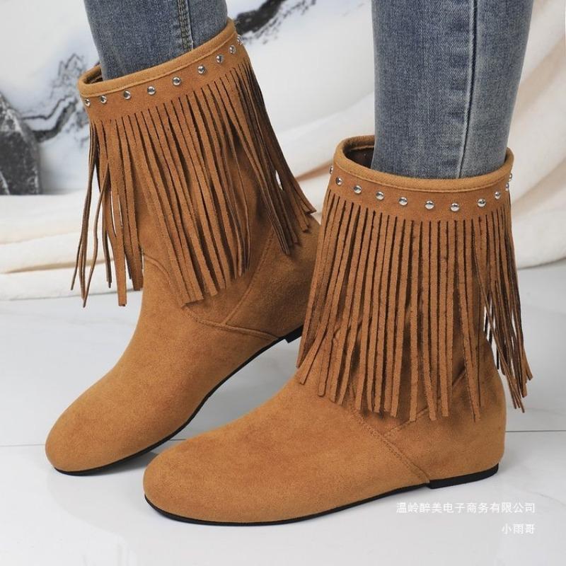 New Large-sized Shoes, Rivet Boots, Women's Round-toed Insole Height-increasing Thin Mid-calf Boots
