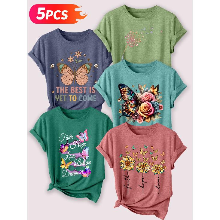 Follow a specific direction Five-piece set for women T T-shirt with butterfly inspirational print Summer casual wear Short-sleeved shirt for work