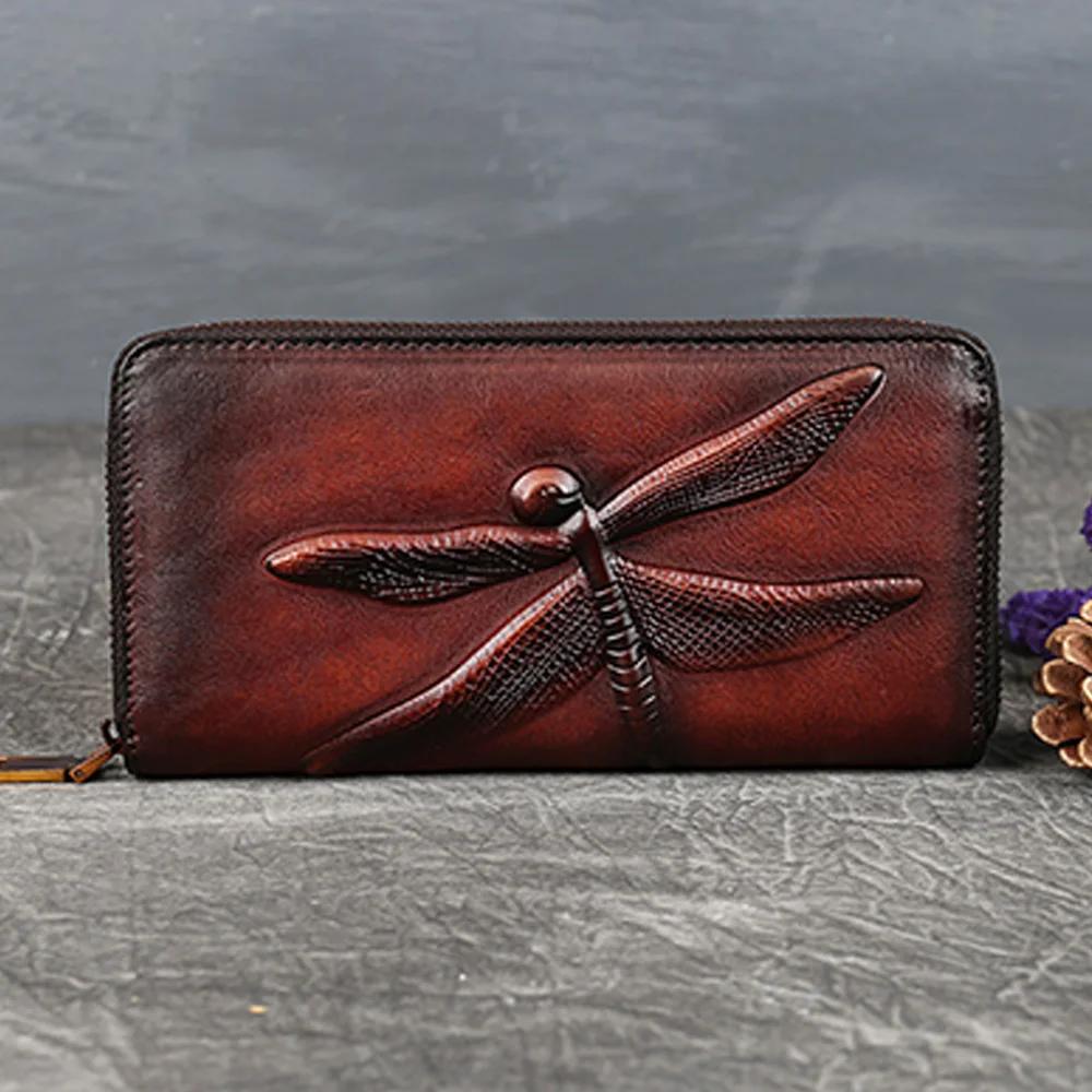 Portafoglio Lungo da Donna Portamonete con Zip Vera Pelle Porta Documenti/Carte di Credito Contanti Design Libellula Retrò Borsa Portadeni in Pelle di Mucca da Donna