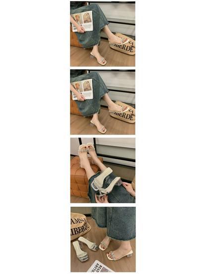 2025 Summer Crystal Rhinestone Dress Slippers - Temperament Fairy Style with Chunky Heels and Transparent Outer