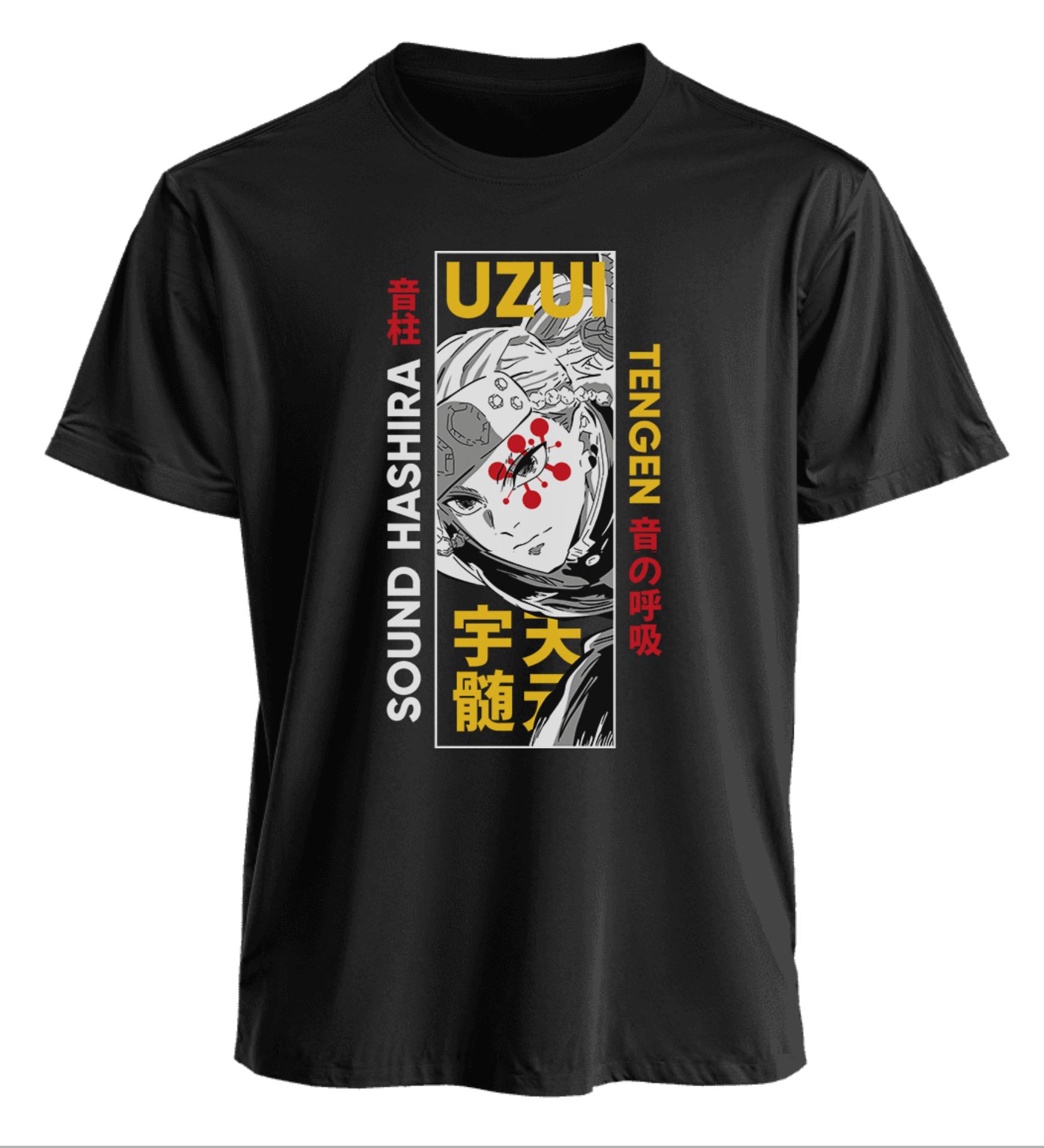 Demon Slayer Uzui Tengen Sound Hashira Tshirt with Musical Note Pattern and Red Markings Anime Character Design Cotton Tee M