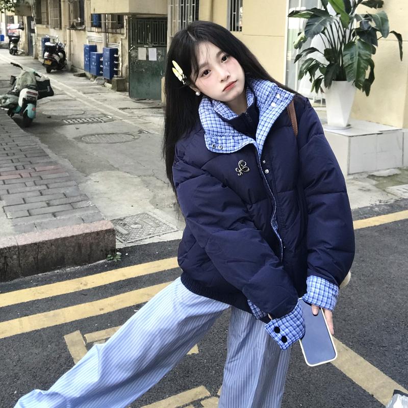 Winter Loose Plaid Patchwork Cotton Coat Women Double Layer Collar Puffer Jacket