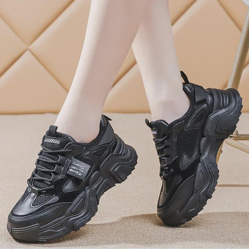 Women's Casual 2025 Spring Daddy Shoes: Lightweight, Height-Enhancing, Thick-Soled Leather Running Sneakers K819