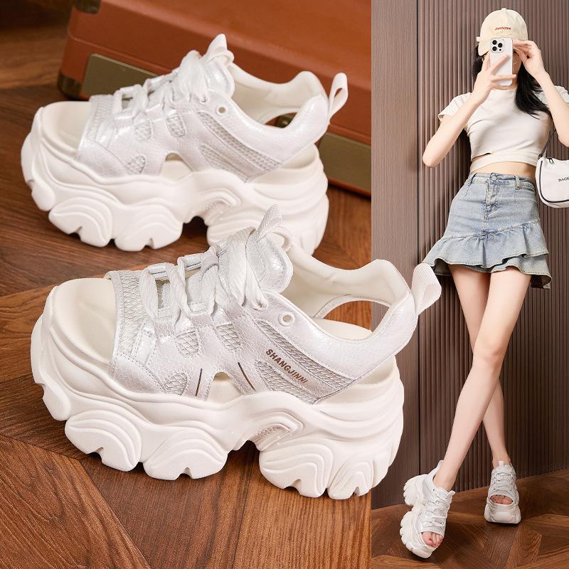 Platform sandals women's 2025 summer new hollow heightening shoes mesh versatile hole shoes versatile outer wear beach shoes